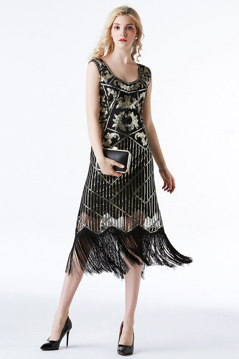 Laden Sie das Bild in den Galerie-Viewer, Glitzerndes schwarzes goldenes Fransen Flapper Kleid