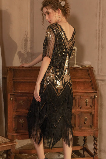 Funkelndes Schwarz Golden Kurze Ärmel V-Ausschnitt Pailletten aus den 1920er Jahren Gatsby Kleid mit Fransen