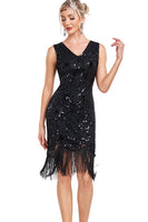 Laden Sie das Bild in den Galerie-Viewer, Glitzerndes schwarzes V-Ausschnitt Paillettenkleid aus den 1920er Jahren mit Fransen