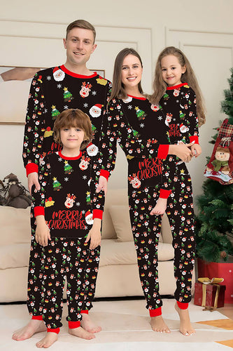 Weihnachtsmann und Weihnachtsbaum Schwarzes passendes Pyjama-Set für Familien