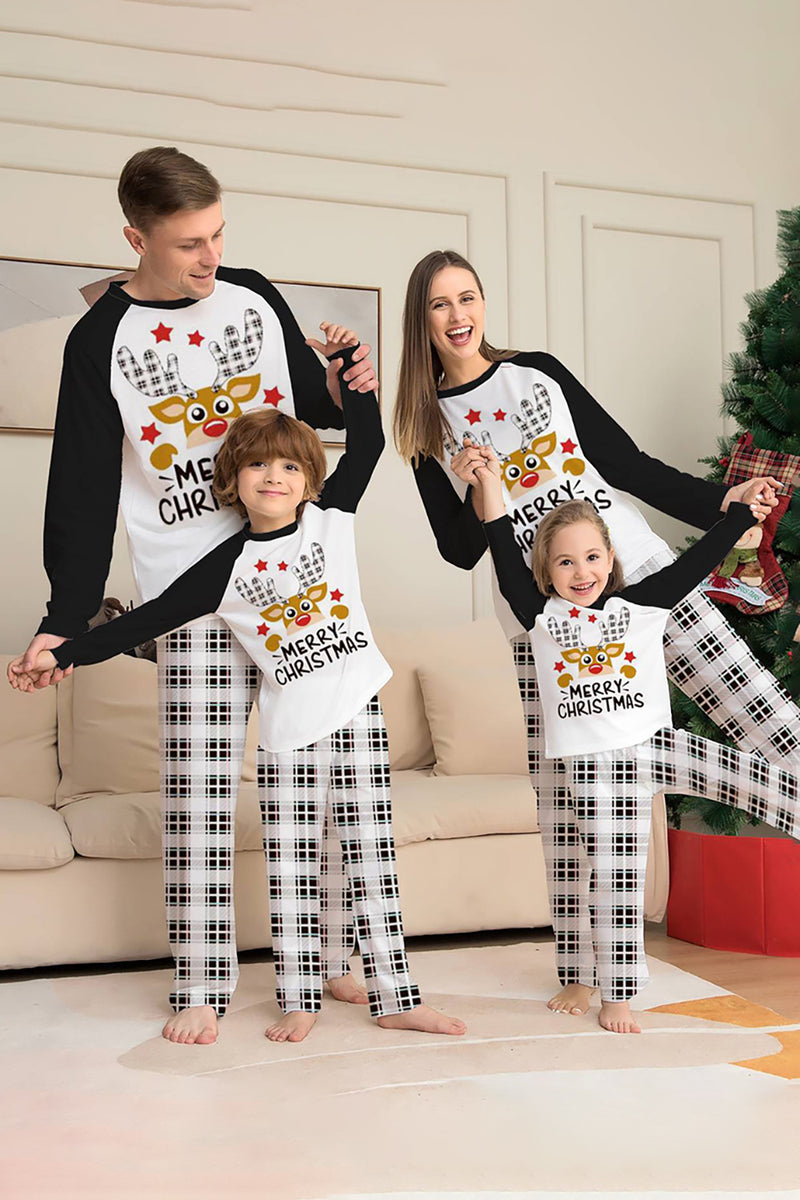 Laden Sie das Bild in den Galerie-Viewer, Schwarz-weiß kariertes Weihnachtshirsch-Familien-Pyjama-Set