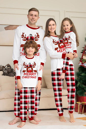 Weißer Hirsch und rot kariertes Weihnachts-Familien-Pyjama-Set