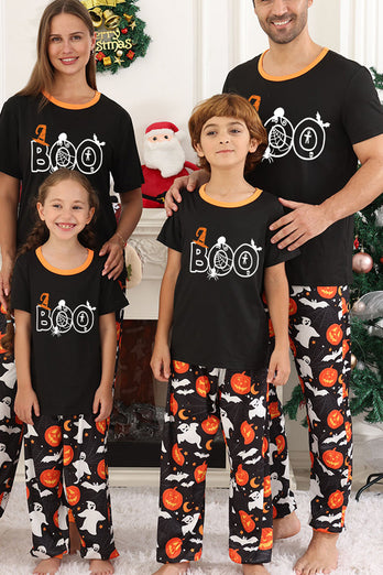 Schwarzer Kürbis bedrucktes Halloween-Familienpyjama-Set