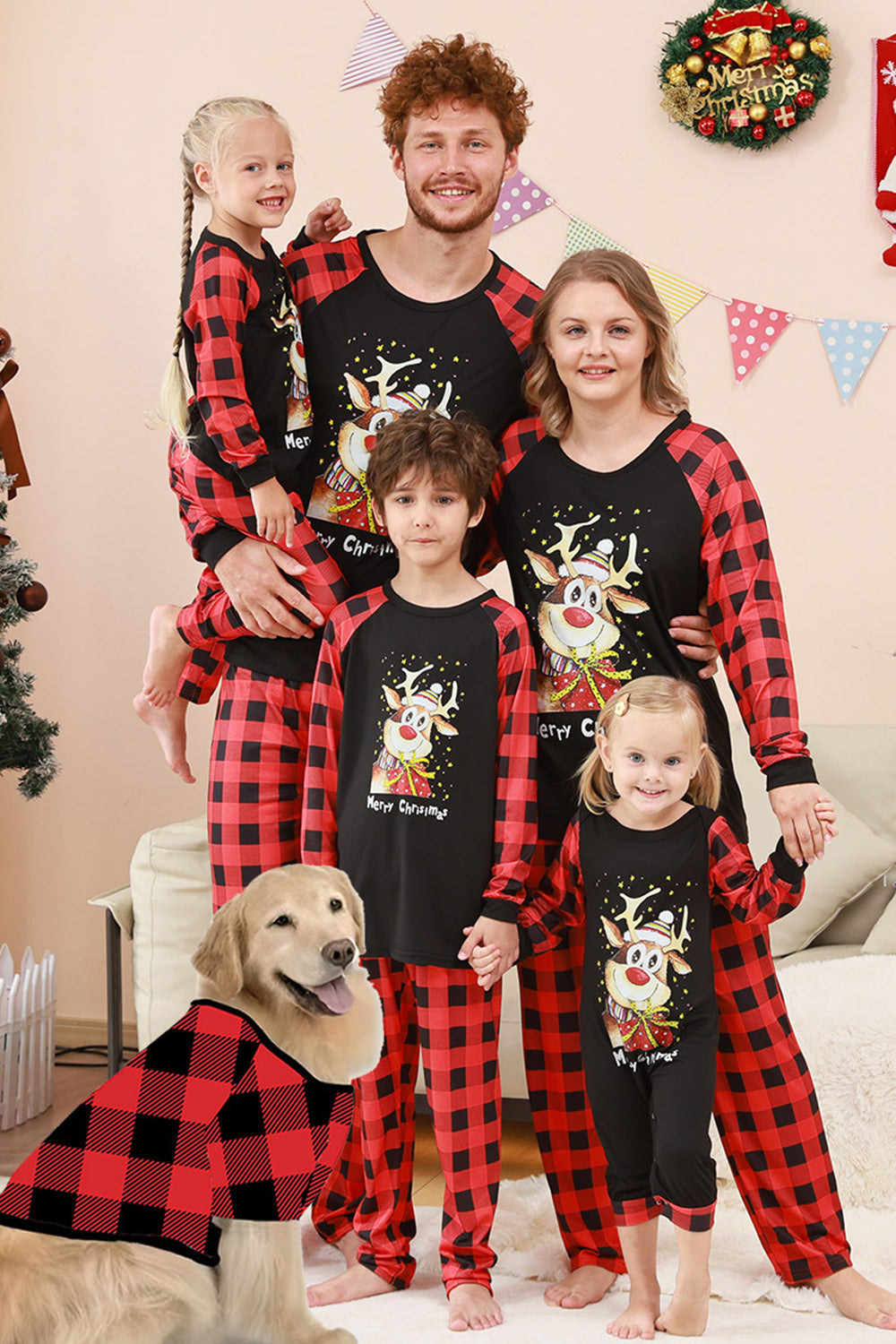 Schwarzes und rotes kariertes Weihnachts-Familienpyjama-Set mit Hirsch-Druck