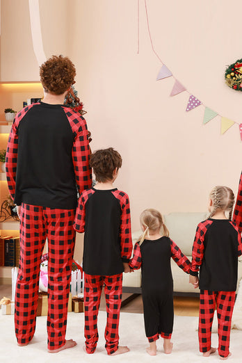 Schwarzes und rotes kariertes Weihnachts-Familienpyjama-Set mit Hirsch-Druck