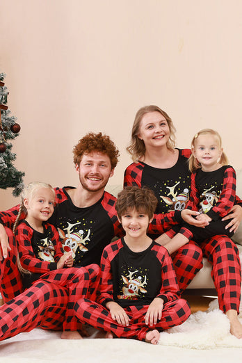 Schwarzes und rotes kariertes Weihnachts-Familienpyjama-Set mit Hirsch-Druck