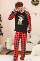 Laden Sie das Bild in den Galerie-Viewer, Schwarzes und rotes kariertes Weihnachts-Familienpyjama-Set mit Hirsch-Druck
