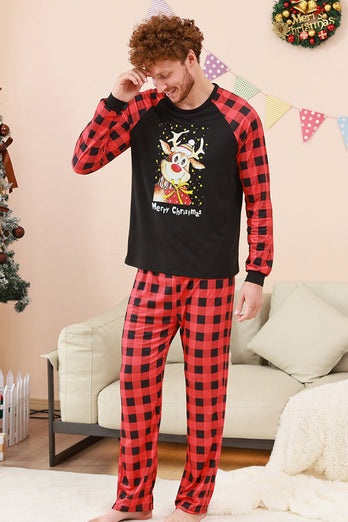 Schwarzes und rotes kariertes Weihnachts-Familienpyjama-Set mit Hirsch-Druck