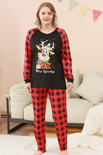 Schwarzes und rotes kariertes Weihnachts-Familienpyjama-Set mit Hirsch-Druck