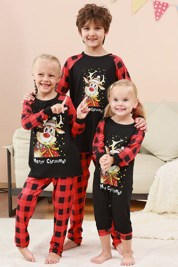 Schwarzes und rotes kariertes Weihnachts-Familienpyjama-Set mit Hirsch-Druck