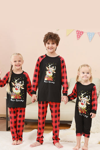 Schwarzes und rotes kariertes Weihnachts-Familienpyjama-Set mit Hirsch-Druck