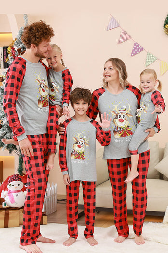 Schwarzes und rotes kariertes Weihnachts-Familienpyjama-Set mit Hirsch-Druck