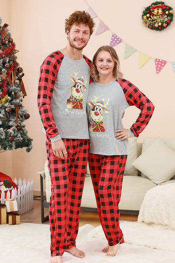 Schwarzes und rotes kariertes Weihnachts-Familienpyjama-Set mit Hirsch-Druck