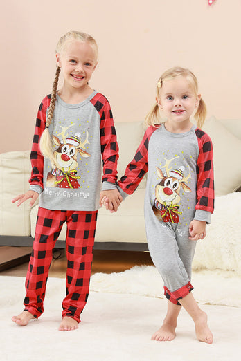 Schwarzes und rotes kariertes Weihnachts-Familienpyjama-Set mit Hirsch-Druck