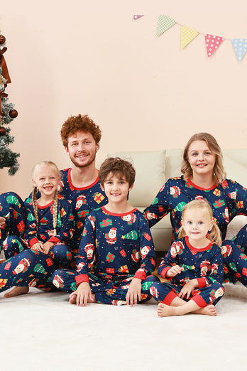 Marineblaues Familienpyjama-Set mit Weihnachtsmuster und bedrucktem