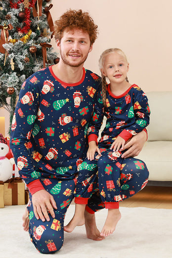 Marineblaues Familienpyjama-Set mit Weihnachtsmuster und bedrucktem