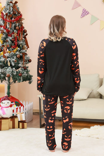 Schwarzes Süßes oder Saures bedrucktes Halloween-Familienpyjama-Set