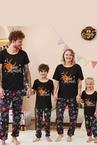 Schwarzes und orangefarbenes Halloween-Familienpyjama-Set mit Spinnendruck