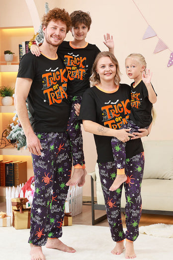 Schwarzes und orangefarbenes Halloween-Familienpyjama-Set mit Spinnendruck