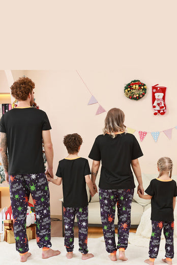 Schwarzes und orangefarbenes Halloween-Familienpyjama-Set mit Spinnendruck