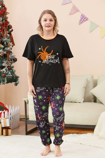 Schwarzes und orangefarbenes Halloween-Familienpyjama-Set mit Spinnendruck