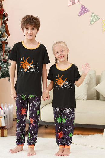 Schwarzes und orangefarbenes Halloween-Familienpyjama-Set mit Spinnendruck