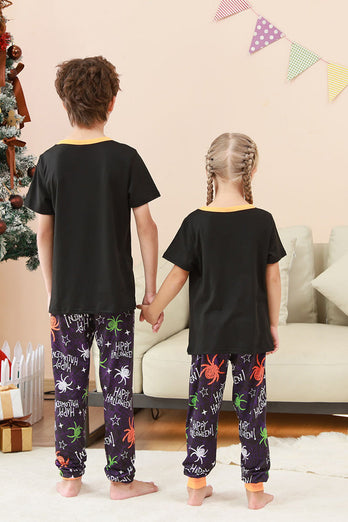 Schwarzes und orangefarbenes Halloween-Familienpyjama-Set mit Spinnendruck