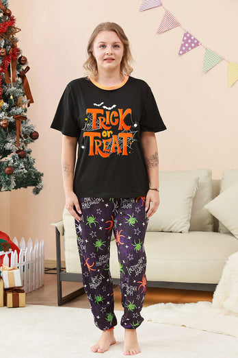 Schwarzes und orangefarbenes Halloween-Familienpyjama-Set mit Spinnendruck