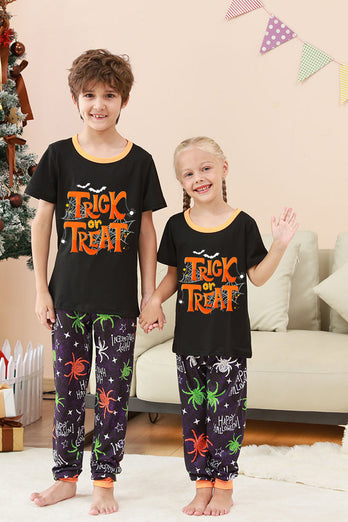 Schwarzes und orangefarbenes Halloween-Familienpyjama-Set mit Spinnendruck