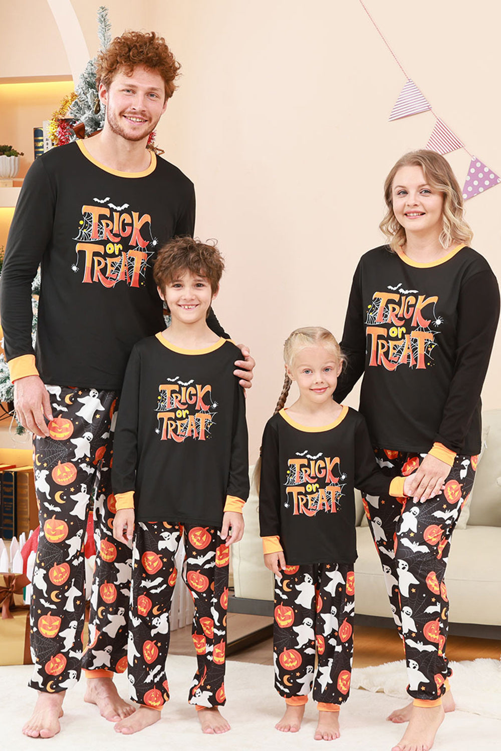 Schwarzes Halloween-Familienpyjama-Set mit Kürbisdruck