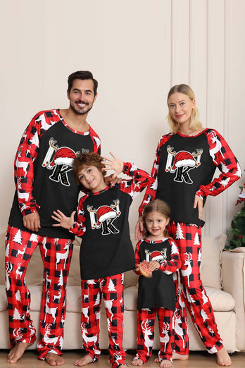 Schwarz Rot Hirsch Muster Familie Weihnachten Pyjama mit langen Ärmeln