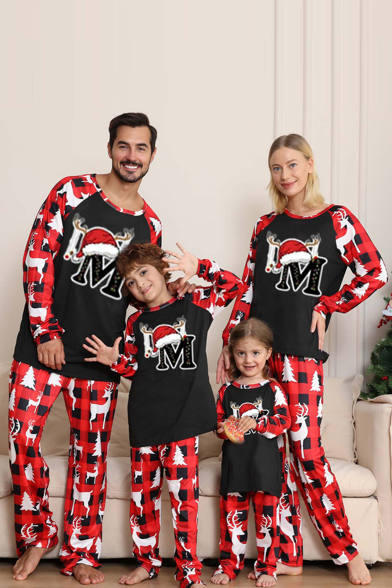 Laden Sie das Bild in den Galerie-Viewer, Schwarz Rot Hirsch Muster Familie Weihnachten Pyjama mit langen Ärmeln