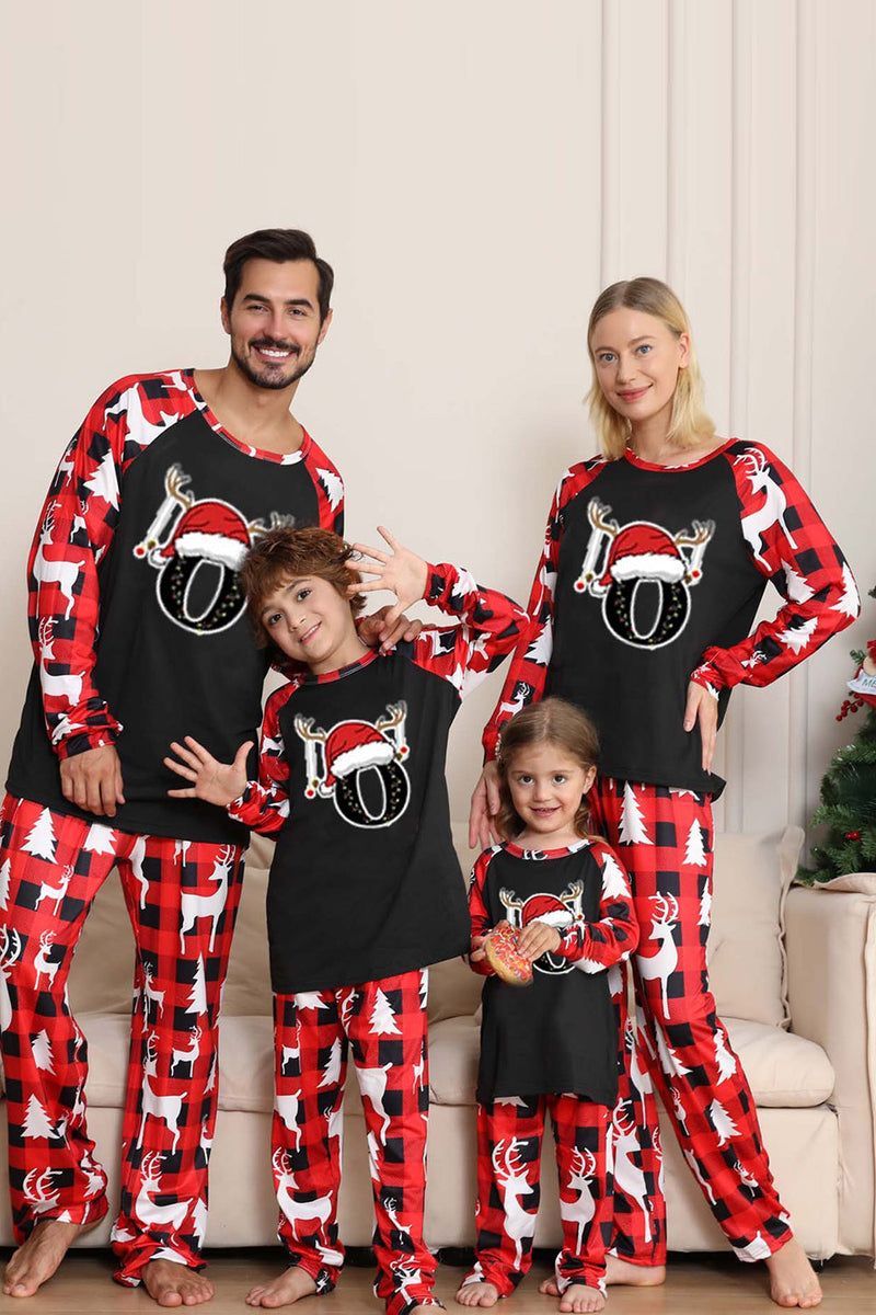 Laden Sie das Bild in den Galerie-Viewer, Schwarz Rot Hirsch Muster Familie Weihnachten Pyjama mit langen Ärmeln