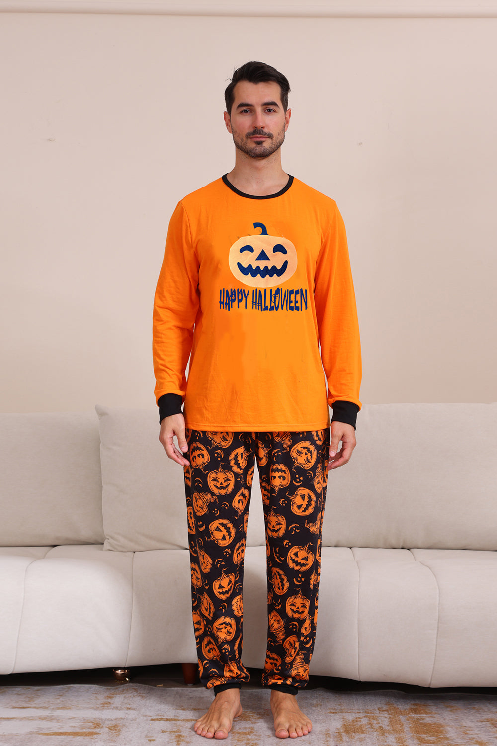 Orange Halloween Langarm-Familien-Pyjama-Set