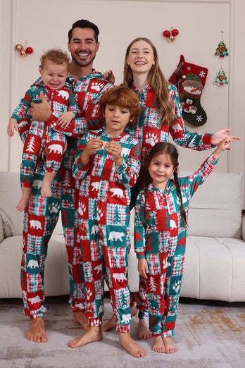 Rotes und grünes Farbblock-Weihnachts-Familienpyjama-Set mit Kapuze