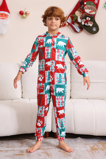 Rotes und grünes Farbblock-Weihnachts-Familienpyjama-Set mit Kapuze