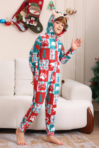 Rotes und grünes Farbblock-Weihnachts-Familienpyjama-Set mit Kapuze