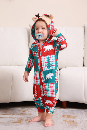 Rotes und grünes Farbblock-Weihnachts-Familienpyjama-Set mit Kapuze