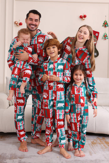 Rotes und grünes Farbblock-Weihnachts-Familienpyjama-Set mit Kapuze