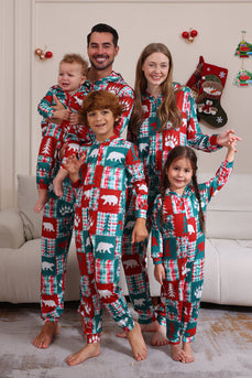 Rotes und grünes Farbblock-Weihnachts-Familienpyjama-Set mit Kapuze