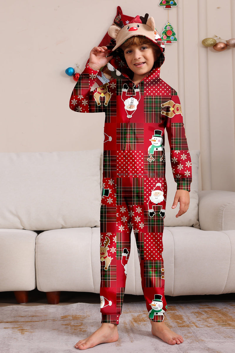 Laden Sie das Bild in den Galerie-Viewer, Burgundy karierter Schneemann mit Kapuze Weihnachts-Familienpyjama