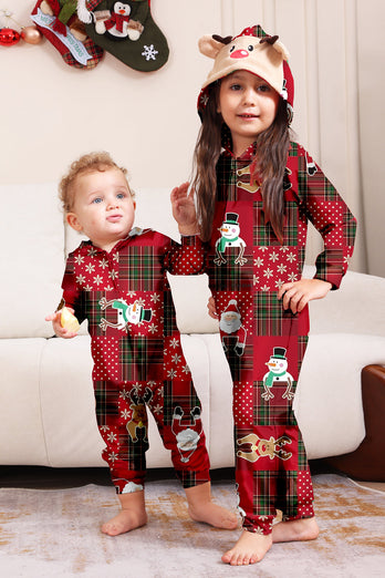 Burgundy karierter Schneemann mit Kapuze Weihnachts-Familienpyjama