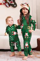 Laden Sie das Bild in den Galerie-Viewer, Grüner Schneeflocken-Karo-Familienpyjama mit Rentierkapuze