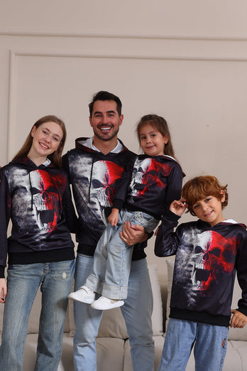 Schwarze Halloween-Familien-Sweatshirts mit Skelett-Druck und Kapuze