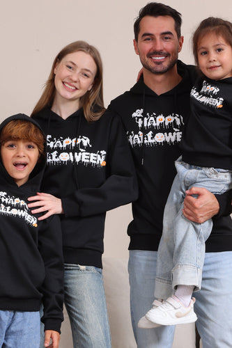 Schwarze Halloween-Familien-Sweatshirts mit Textdruck und Kapuze