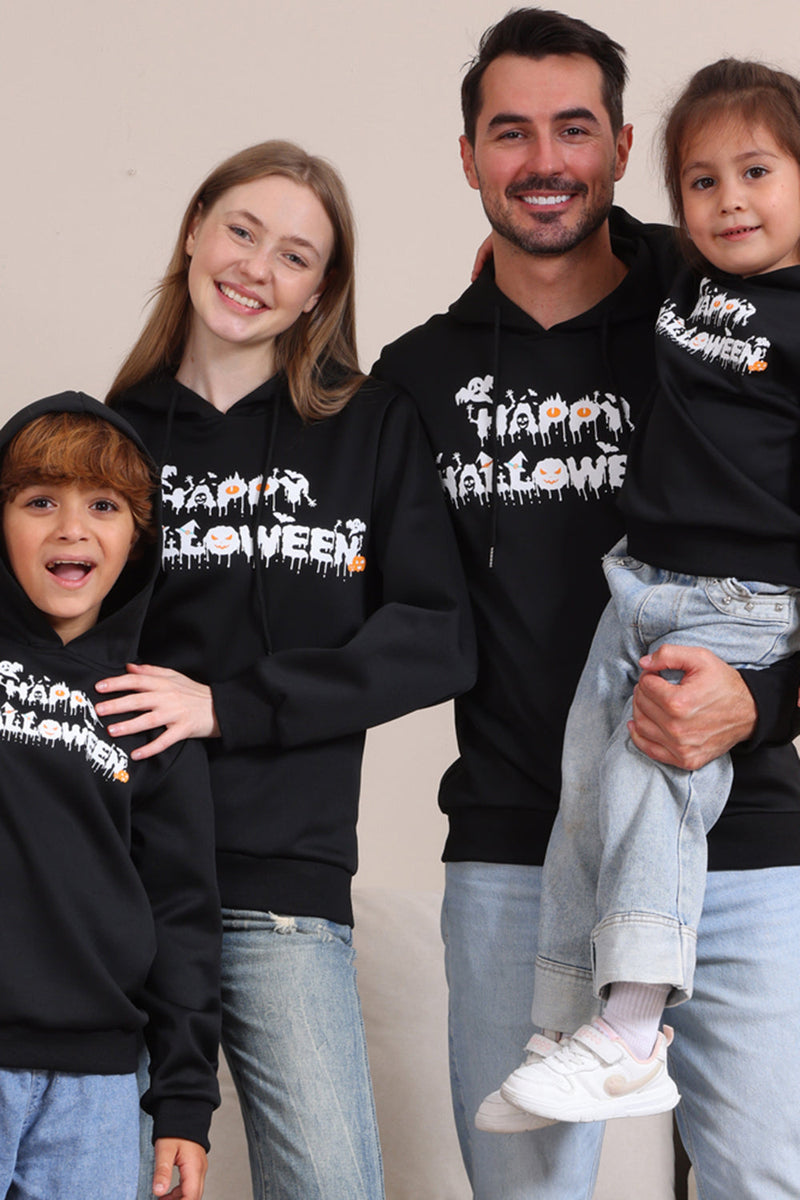 Laden Sie das Bild in den Galerie-Viewer, Schwarze Halloween-Familien-Sweatshirts mit Textdruck und Kapuze