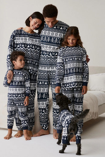 Marineblaue Weihnachts-Schneeflocken- und Baum-bedruckte Familien-Pyjama-Sets