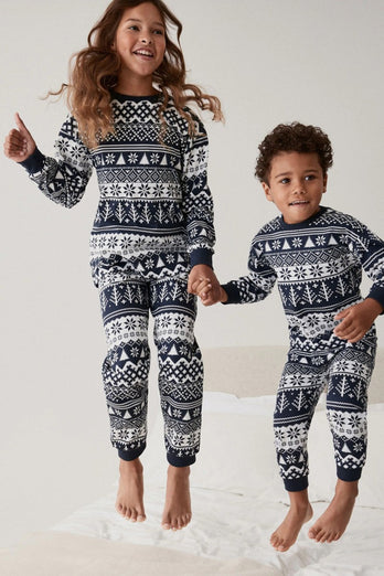 Marineblaue Weihnachts-Schneeflocken- und Baum-bedruckte Familien-Pyjama-Sets