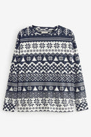 Laden Sie das Bild in den Galerie-Viewer, Marineblaue Weihnachts-Schneeflocken- und Baum-bedruckte Familien-Pyjama-Sets