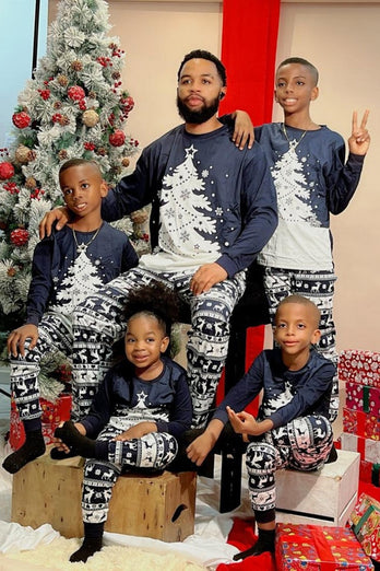 Weihnachten Familie Marineblaues Flanell Weiß Weihnachtsbaum Pyjama Set